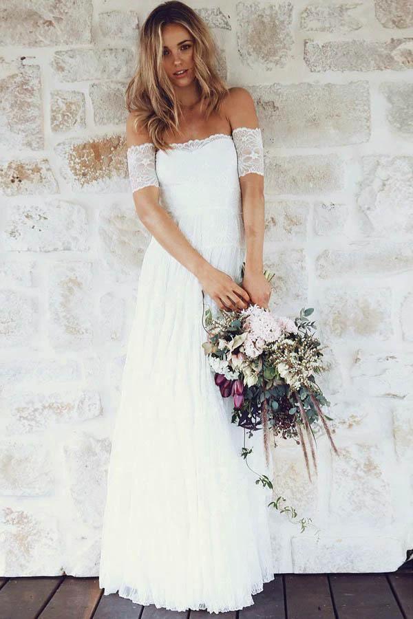 A-Line Off-the-Shoulder Short Sleeves Lace Boho Wedding Dress WD396 by pgmdress