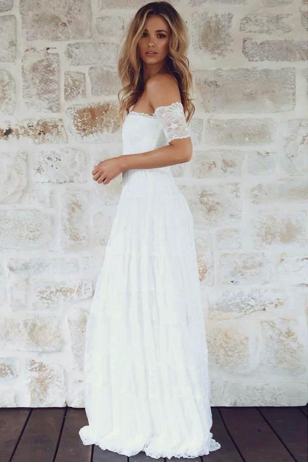 A-Line Off-the-Shoulder Short Sleeves Lace Boho Wedding Dress WD396 by pgmdress