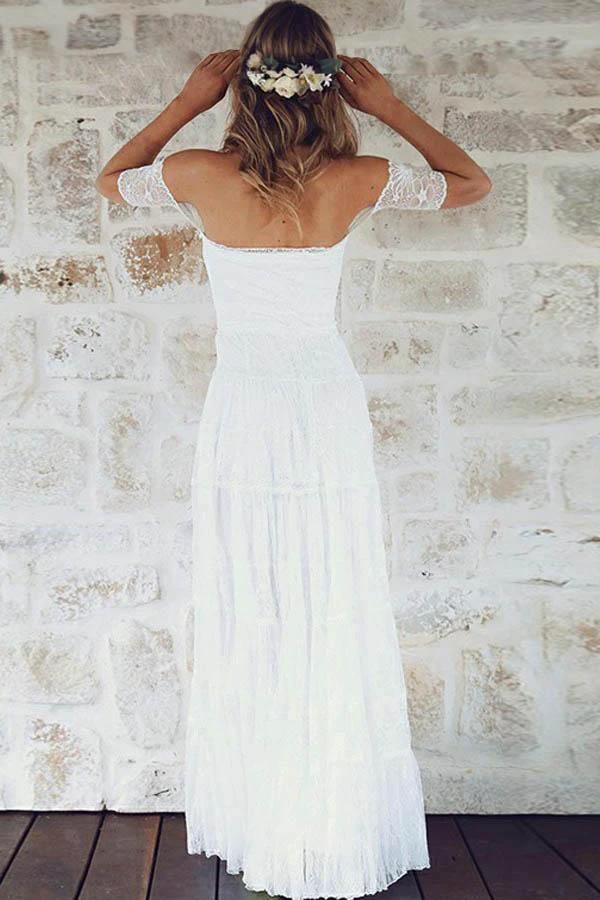 A-Line Off-the-Shoulder Short Sleeves Lace Boho Wedding Dress WD396 by pgmdress