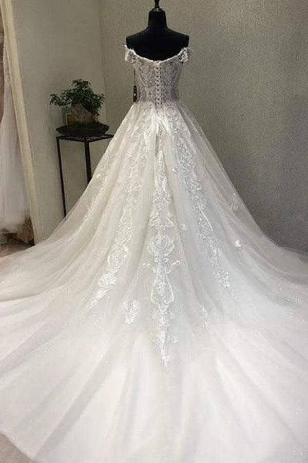 A-Line Off-the-Shoulder Short Sleeves Wedding Dress with Appliques WD226 by pgmdress