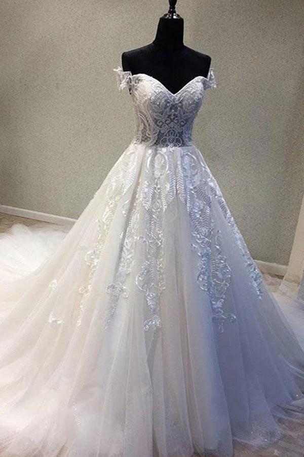 A-Line Off-the-Shoulder Short Sleeves Wedding Dress with Appliques WD226 by pgmdress