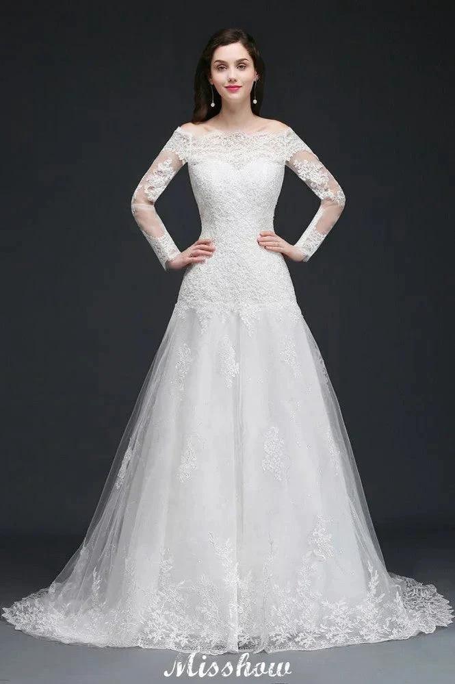 A-line Off-The-Shoulder Tulle Glamorous Wedding Dresses with Lace by misshow.com
