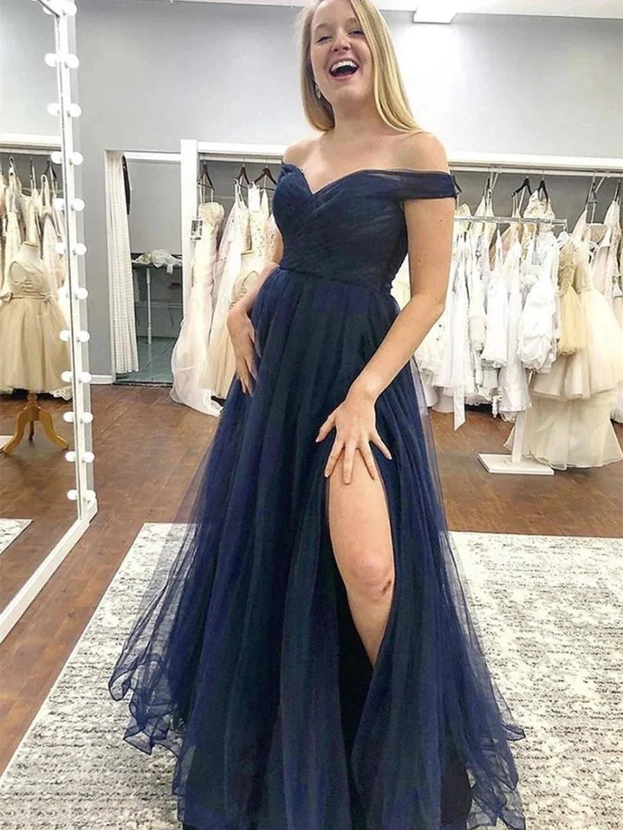 A-line Off the Shoulder Tulle Long Formal Graduation Evening Prom Dresses with Slit by BIZTUNNEL