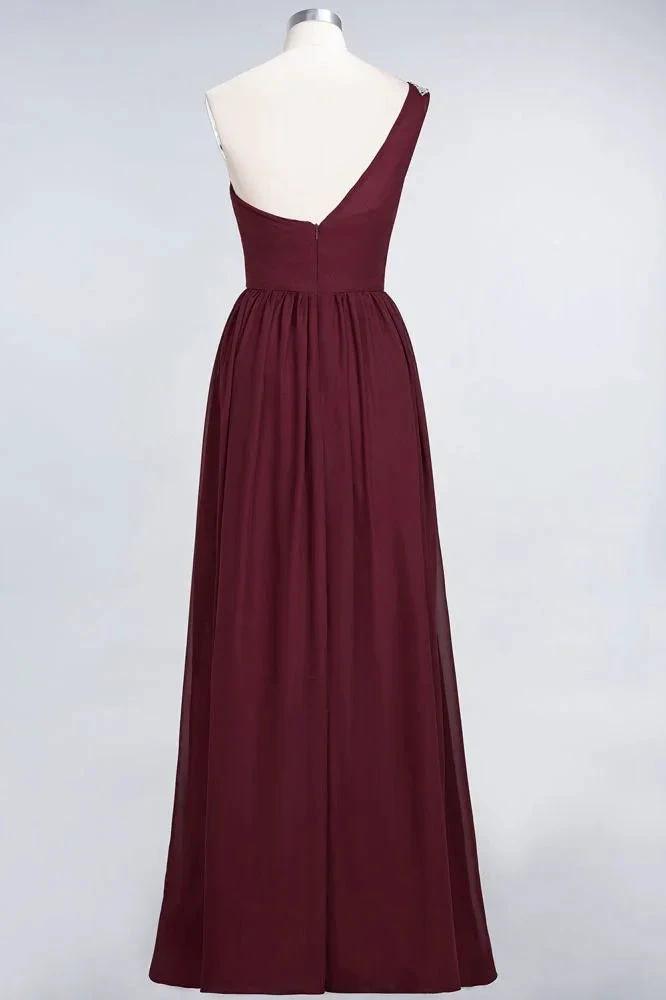 A-Line One-Shoulder Beadings Sleeveless Ruffles Bridesmaid Dress Floor Length Maid of Honor Dress by misshow.com