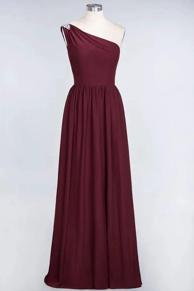 A-Line One-Shoulder Beadings Sleeveless Ruffles Bridesmaid Dress Floor Length Maid of Honor Dress by misshow.com