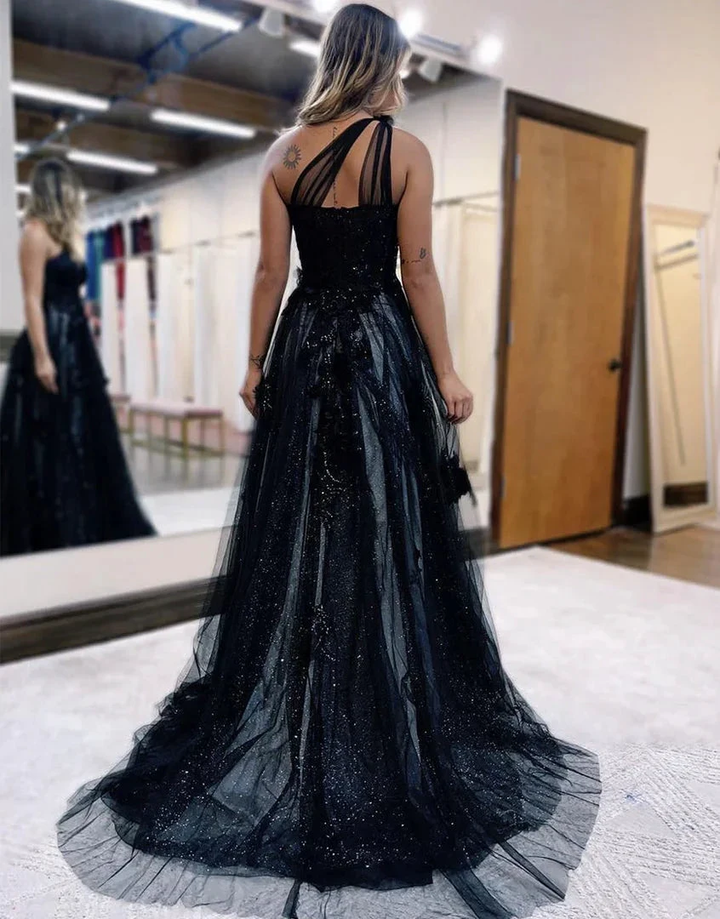 A Line One Shoulder Black Long Prom Dress with Appliques by KissProm