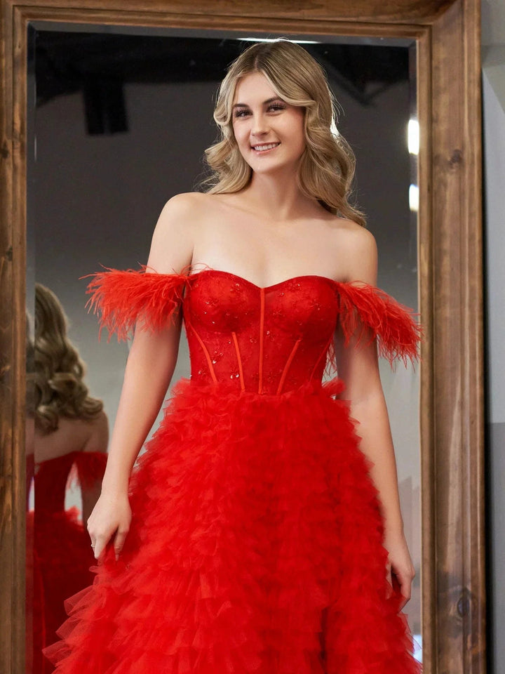 Ingrid |A Line Sweetheart Tiered Tulle Long Prom Dress With Slit by KissProm
