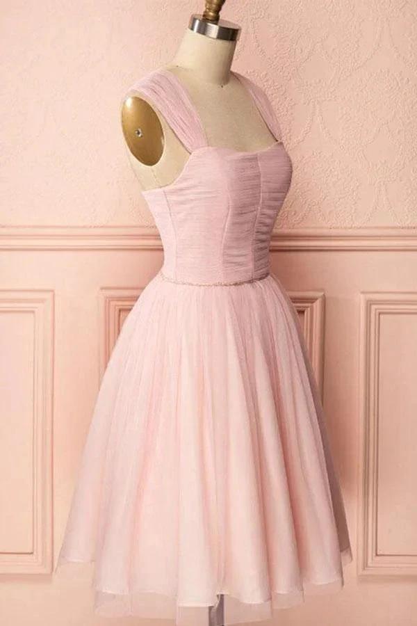 A-Line Pink Tulle Straps Pleats Beading Homecoming Dress Short Prom Dress PD274 by pgmdress