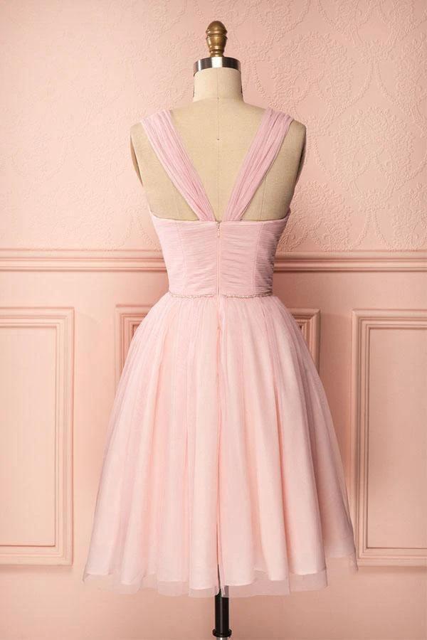 A-Line Pink Tulle Straps Pleats Beading Homecoming Dress Short Prom Dress PD274 by pgmdress