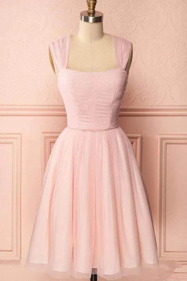 A-Line Pink Tulle Straps Pleats Beading Homecoming Dress Short Prom Dress PD274 by pgmdress