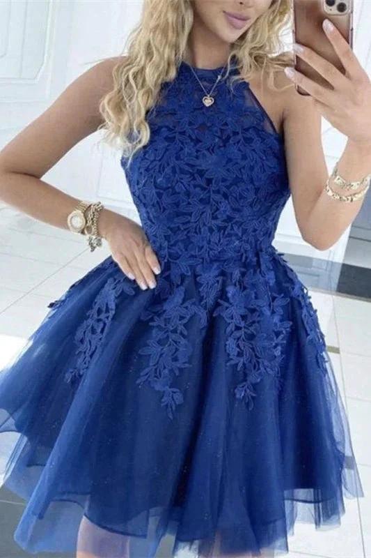 A-Line Princess Ruched Halter Tulle Sleeveless Homecoming Dresses by misshow.com