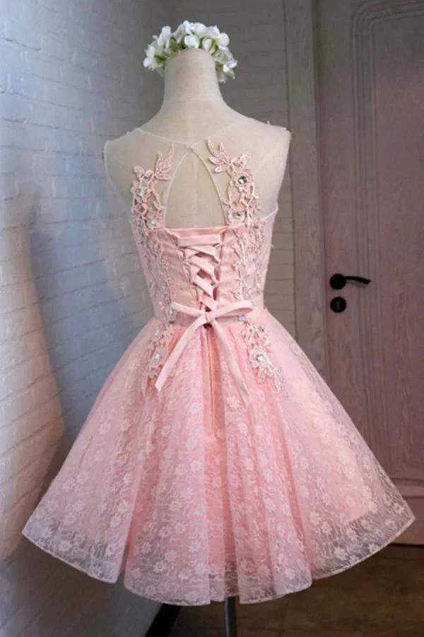 A-Line Round Neck Lace Beaded Homecoming Dress Cocktail Dress PG129 by pgmdress