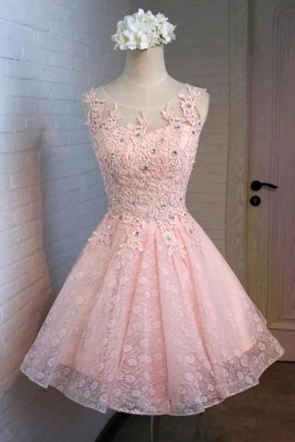 A-Line Round Neck Lace Beaded Homecoming Dress Cocktail Dress PG129 by pgmdress