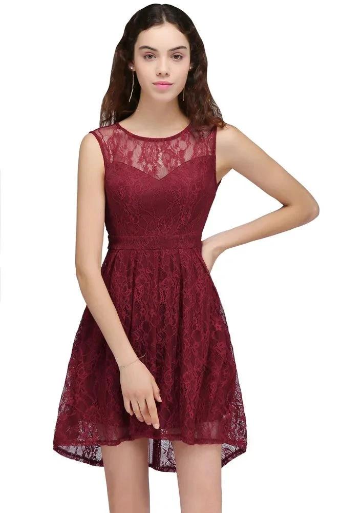 A-Line Round Neck Short Lace Burgundy Homecoming Dresses by misshow.com