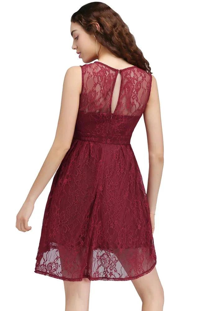 A-Line Round Neck Short Lace Burgundy Homecoming Dresses by misshow.com