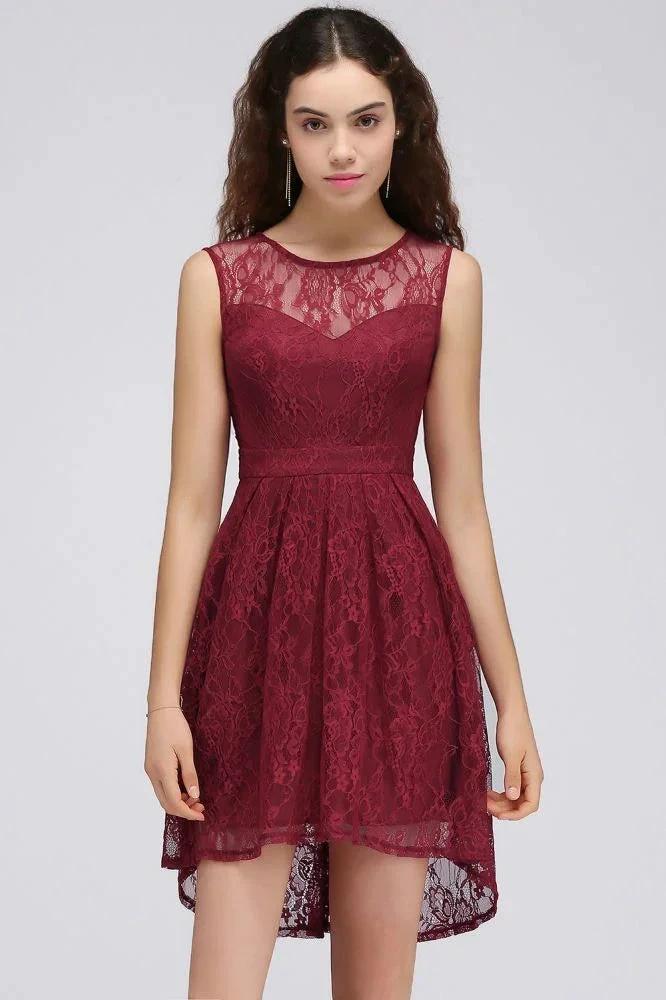 A-Line Round Neck Short Lace Burgundy Homecoming Dresses by misshow.com
