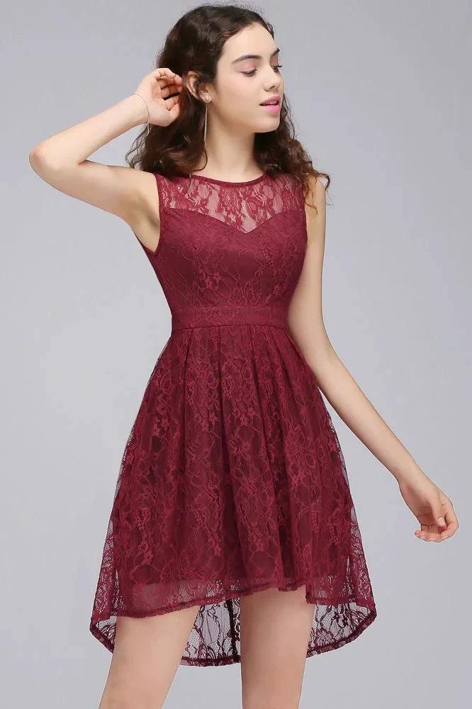A-Line Round Neck Short Lace Burgundy Homecoming Dresses by misshow.com