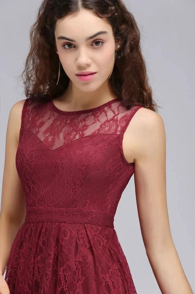 A-Line Round Neck Short Lace Burgundy Homecoming Dresses by misshow.com