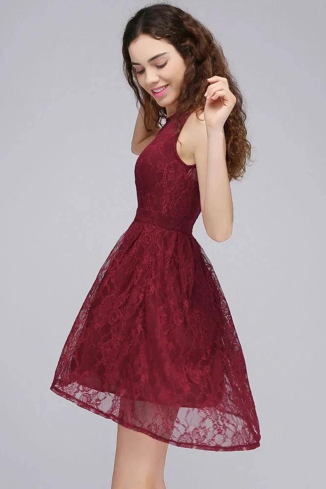 A-Line Round Neck Short Lace Burgundy Homecoming Dresses by misshow.com