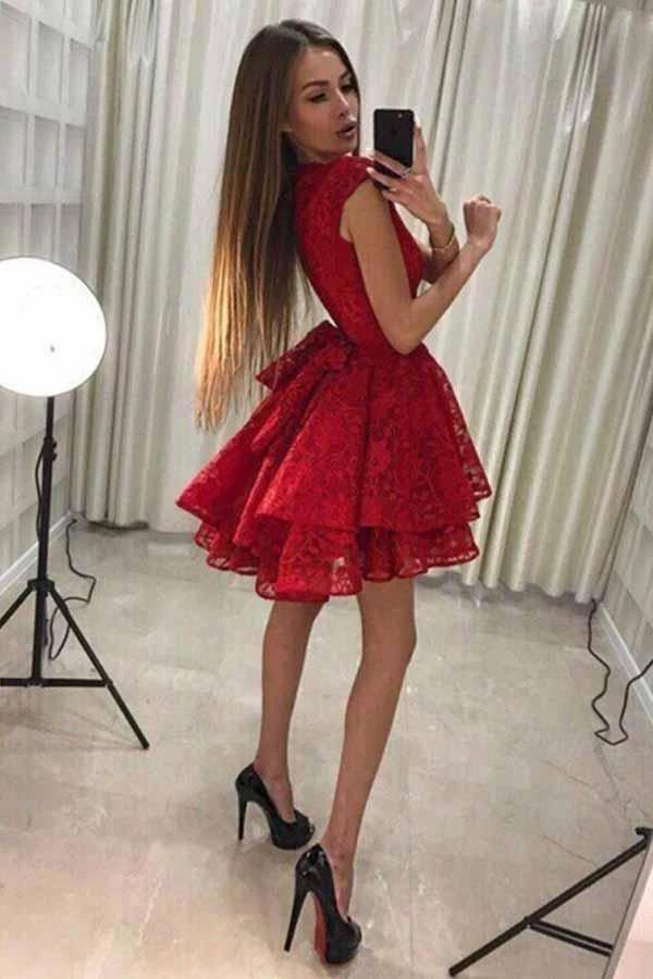 A-Line Round Neck Short Red Lace Homecoming Party Dress PD228 by pgmdress