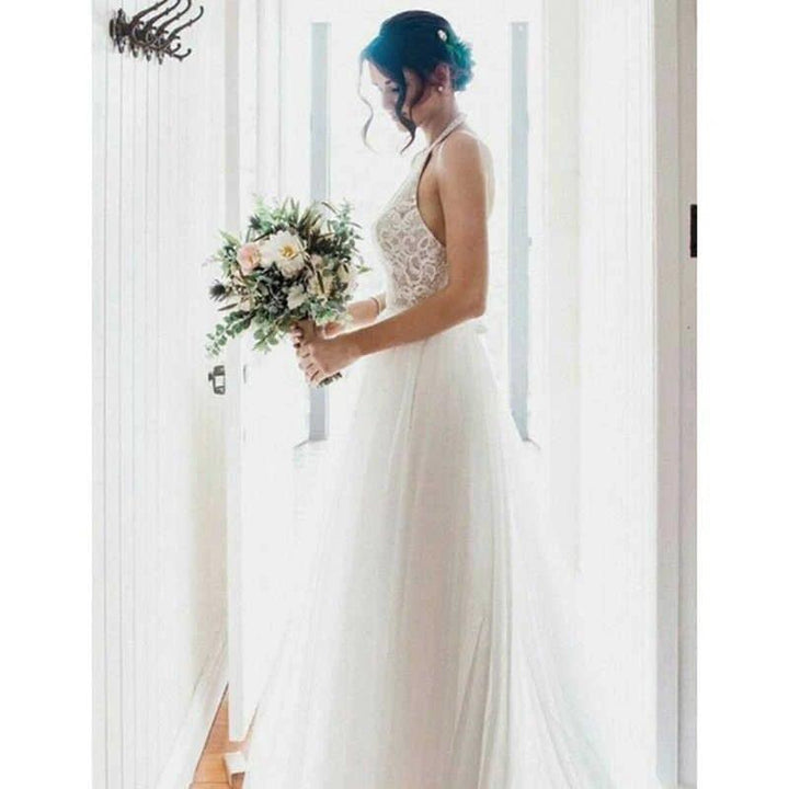 A-Line Round Neck Sweep Train Tulle Wedding Dress with Lace WD390 by pgmdress