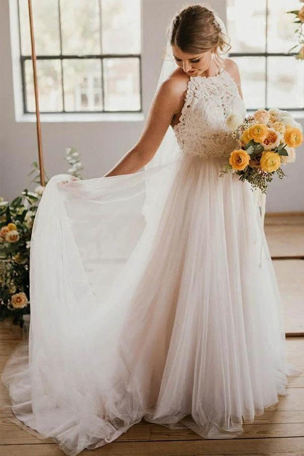 A-Line Round Neck Sweep Train Tulle Wedding Dress with Lace WD390 by pgmdress