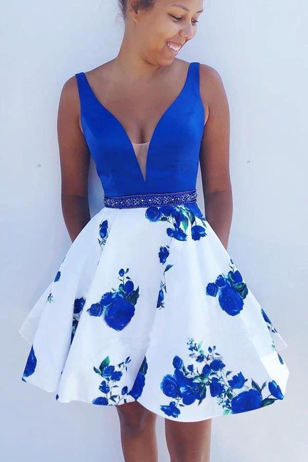 A-line Royal Blue and White Short Floral Homecoming Dress PD245 by pgmdress