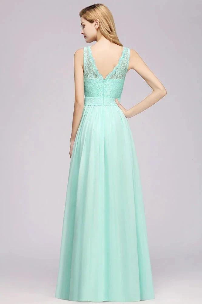 A-Line Ruffles Bridesmaid Dress Lace Scalloped Sleeveless Floor-Length Wedding Party Dress by misshow.com