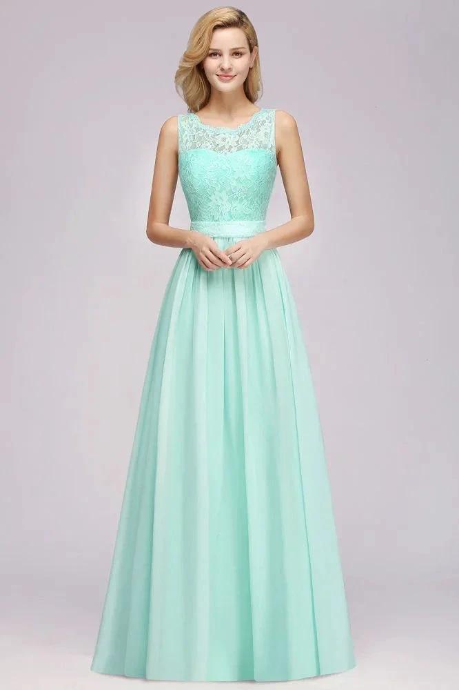 A-Line Ruffles Bridesmaid Dress Lace Scalloped Sleeveless Floor-Length Wedding Party Dress by misshow.com