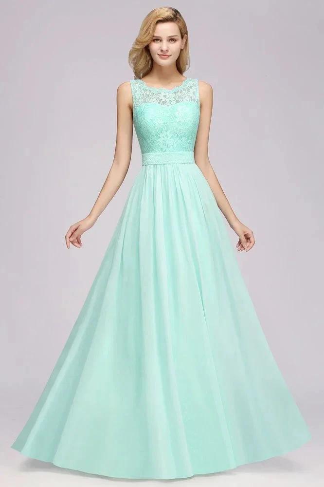 A-Line Ruffles Bridesmaid Dress Lace Scalloped Sleeveless Floor-Length Wedding Party Dress by misshow.com