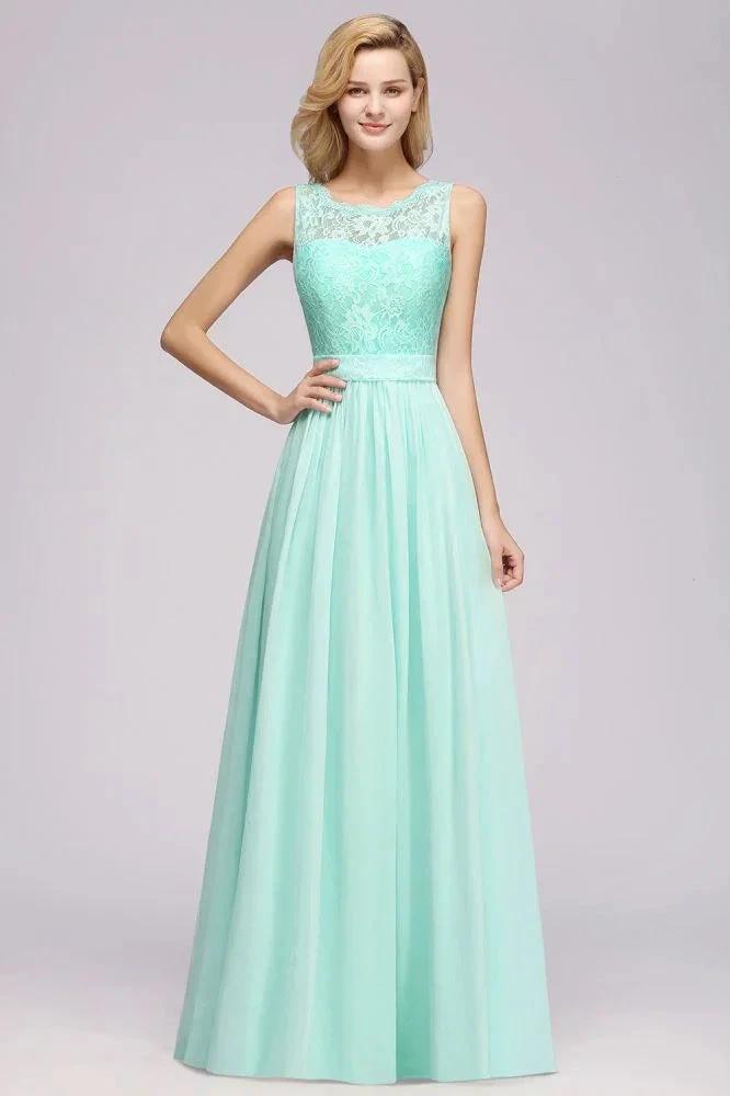 A-Line Ruffles Bridesmaid Dress Lace Scalloped Sleeveless Floor-Length Wedding Party Dress by misshow.com