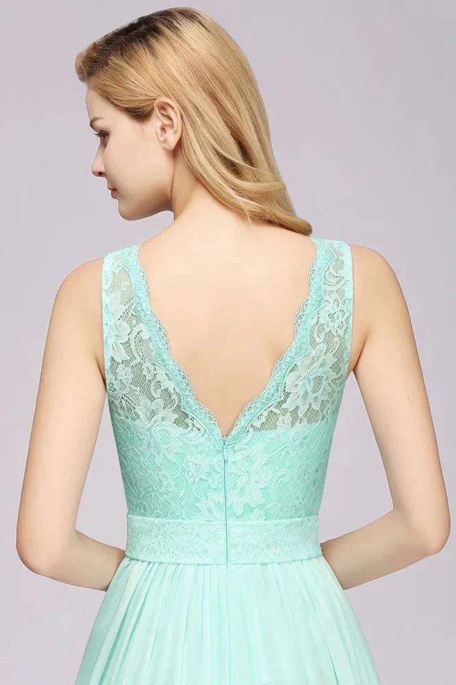A-Line Ruffles Bridesmaid Dress Lace Scalloped Sleeveless Floor-Length Wedding Party Dress by misshow.com
