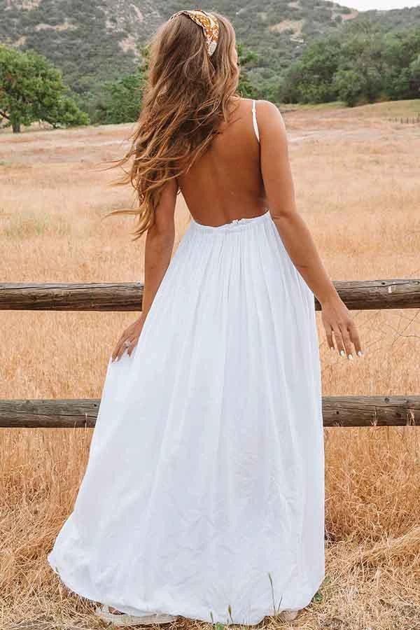 A-Line Scoop Backless Floor Length Beach Wedding Dress with Lace WD272 by pgmdress