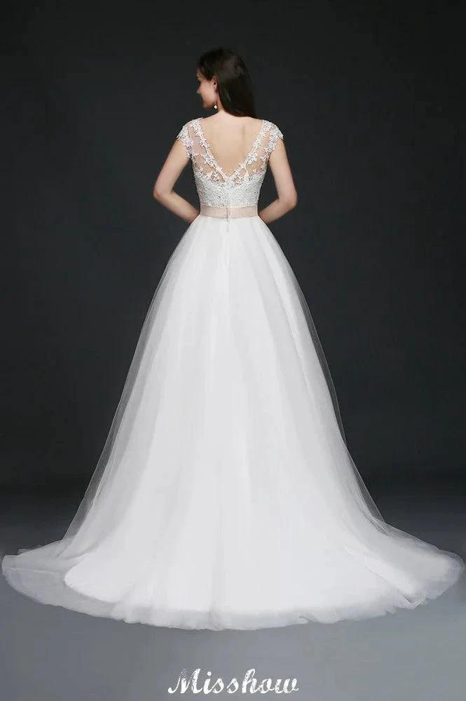 A-line Scoop Court Train Tulle Glamorous Wedding Dresses with Sash by misshow.com