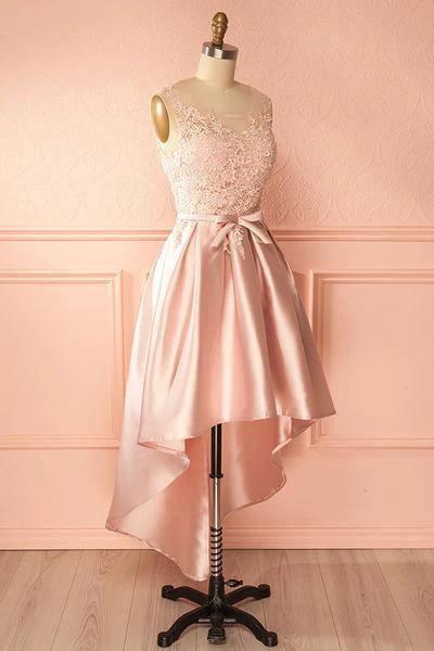 A-Line Scoop High Low Pink Satin Homecoming Dress With Appliques PD120 by pgmdress