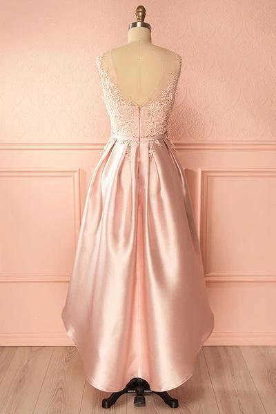 A-Line Scoop High Low Pink Satin Homecoming Dress With Appliques PD120 by pgmdress