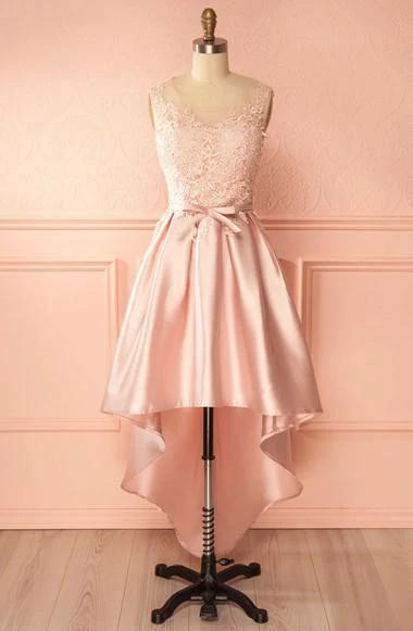 A-Line Scoop High Low Pink Satin Homecoming Dress With Appliques PD120 by pgmdress