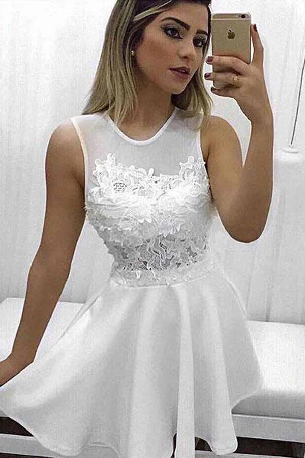 A-line Scoop Lace Appliqued Little White Dresses Homecoming Dresses PD168 by pgmdress