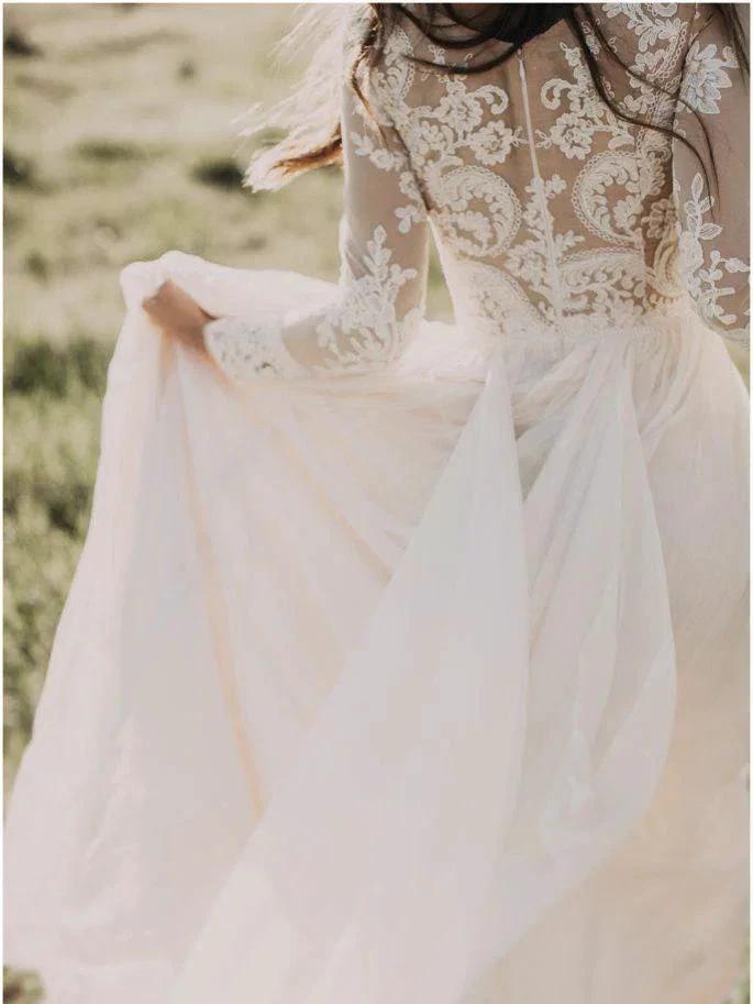 A-line Scoop Lace Wedding Dress Long Sleeve Rustic Wedding Dresses WD521 by pgmdress