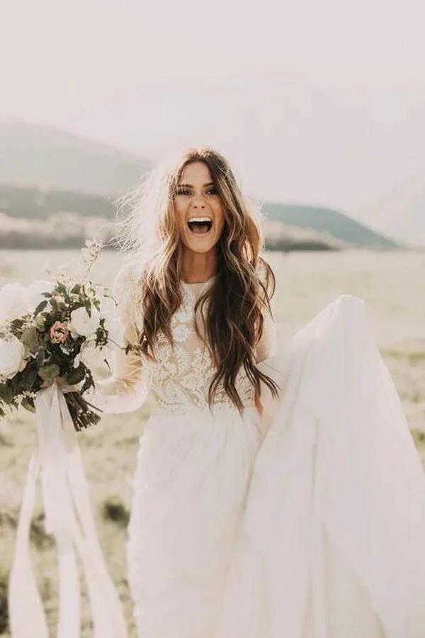 A-line Scoop Lace Wedding Dress Long Sleeve Rustic Wedding Dresses WD521 by pgmdress