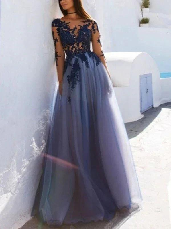 A-Line Scoop Long Sleeves Floor-Length With Applique Tulle Prom Dresses by misshow.com