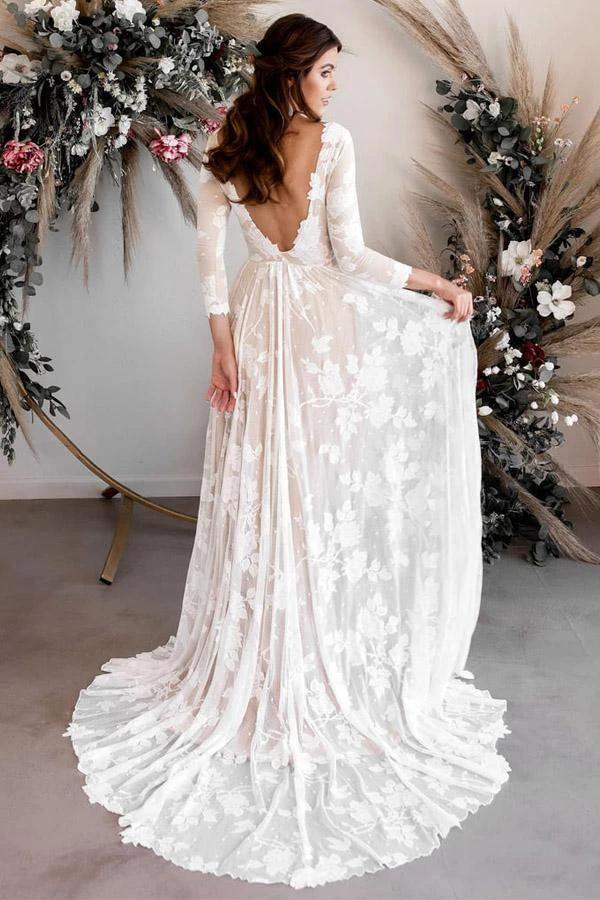 A-line Scoop Neck Long Sleeves Lace Weddding Dress Bridal Gown WD503 by pgmdress
