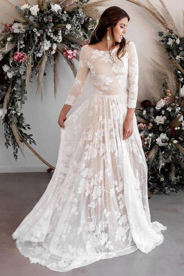 A-line Scoop Neck Long Sleeves Lace Weddding Dress Bridal Gown WD503 by pgmdress