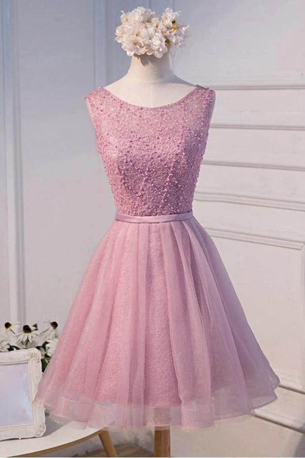 A-line Scoop Neck Short Tulle Homecoming Dress With Beading PG135 by pgmdress
