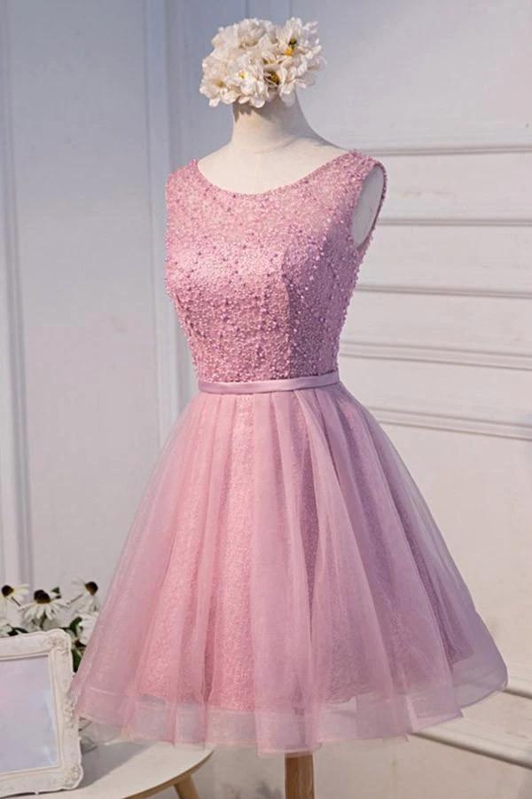 A-line Scoop Neck Short Tulle Homecoming Dress With Beading PG135 by pgmdress
