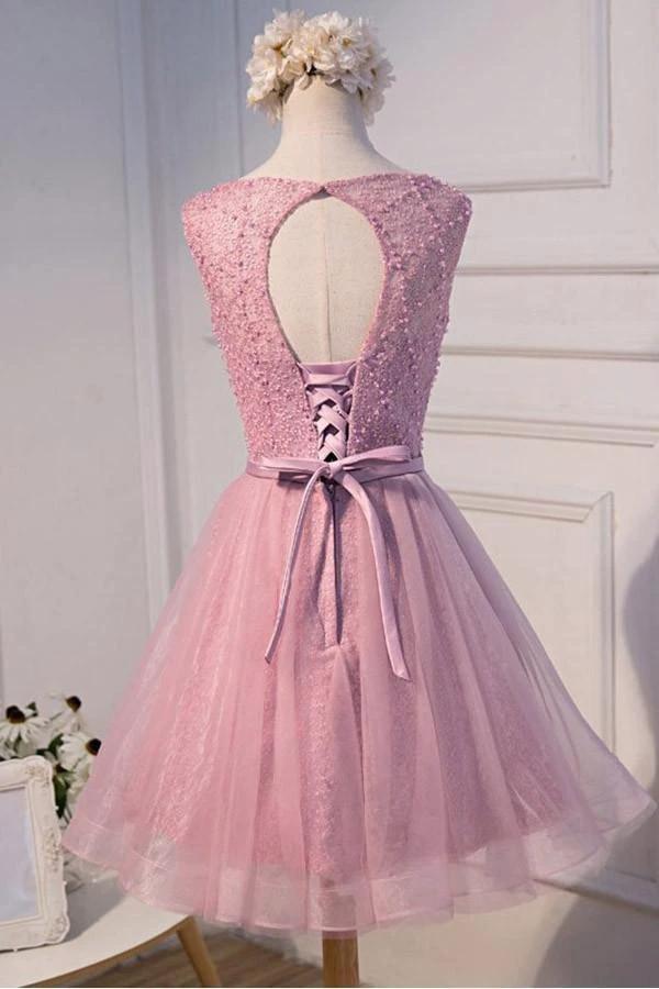 A-line Scoop Neck Short Tulle Homecoming Dress With Beading PG135 by pgmdress