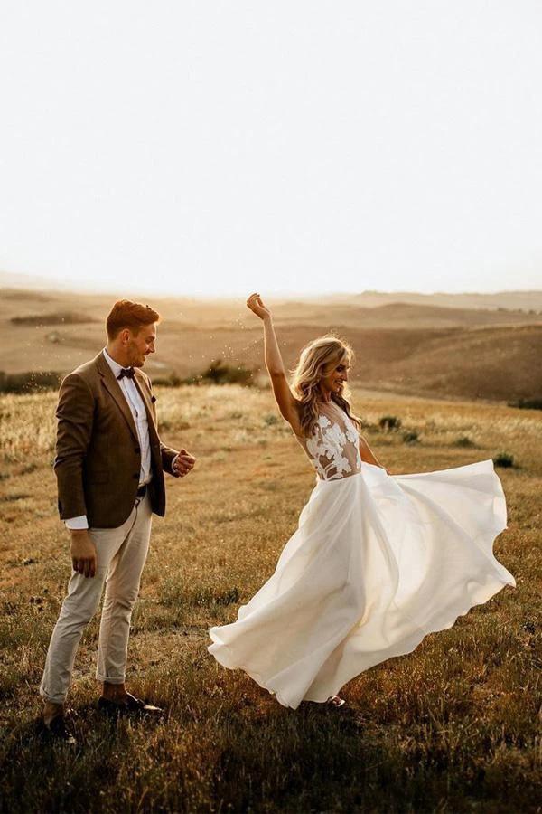 A-line See Through Floor Length Beach Wedding Dresses Rustic Bridal Dresses WD498 by pgmdress