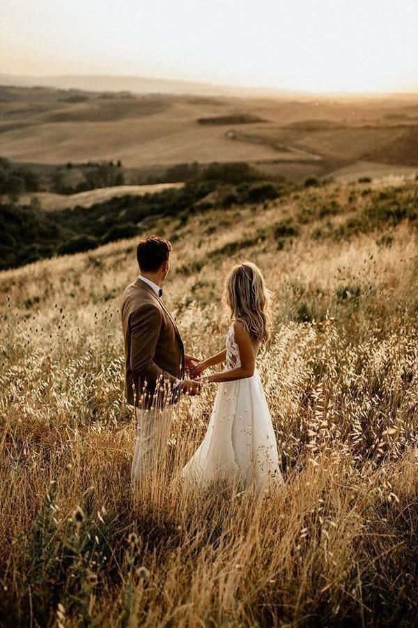 A-line See Through Floor Length Beach Wedding Dresses Rustic Bridal Dresses WD498 by pgmdress