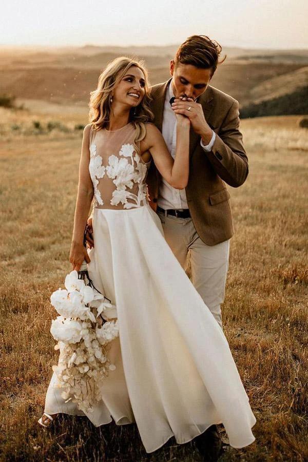 A-line See Through Floor Length Beach Wedding Dresses Rustic Bridal Dresses WD498 by pgmdress