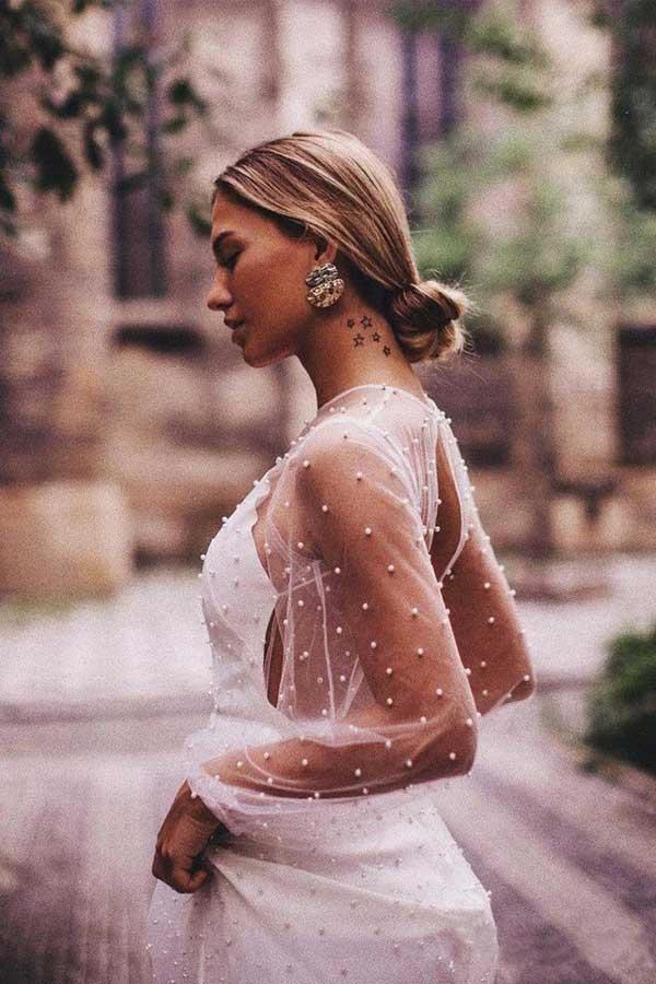 A-line See Through Tulle Long Sleeve Wedding Dresses Pearl WD336 by pgmdress